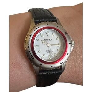 Vtg Gruen Sport Watch With Black Leather Band Rotating Bezel 5.5-7.25" Wrist